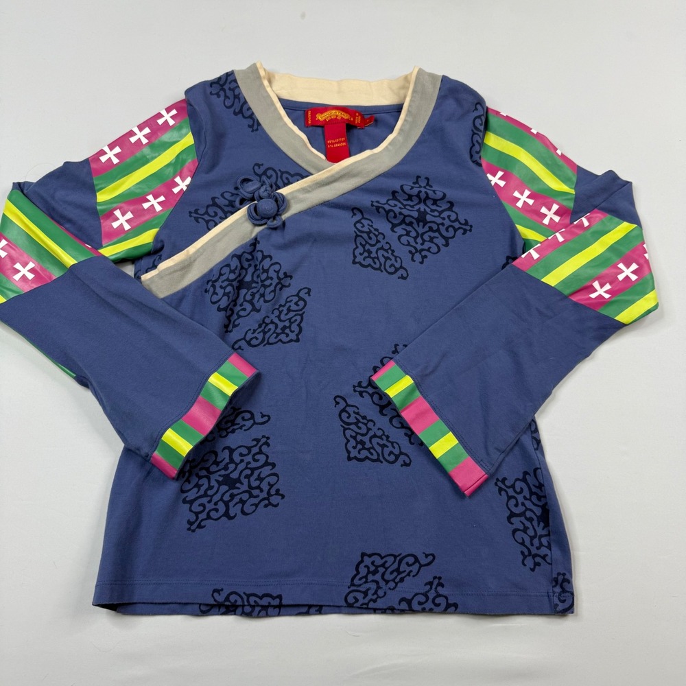 Shanghai Tang Colorful Top Womens Medium Blue Damask Striped Long Sleeve